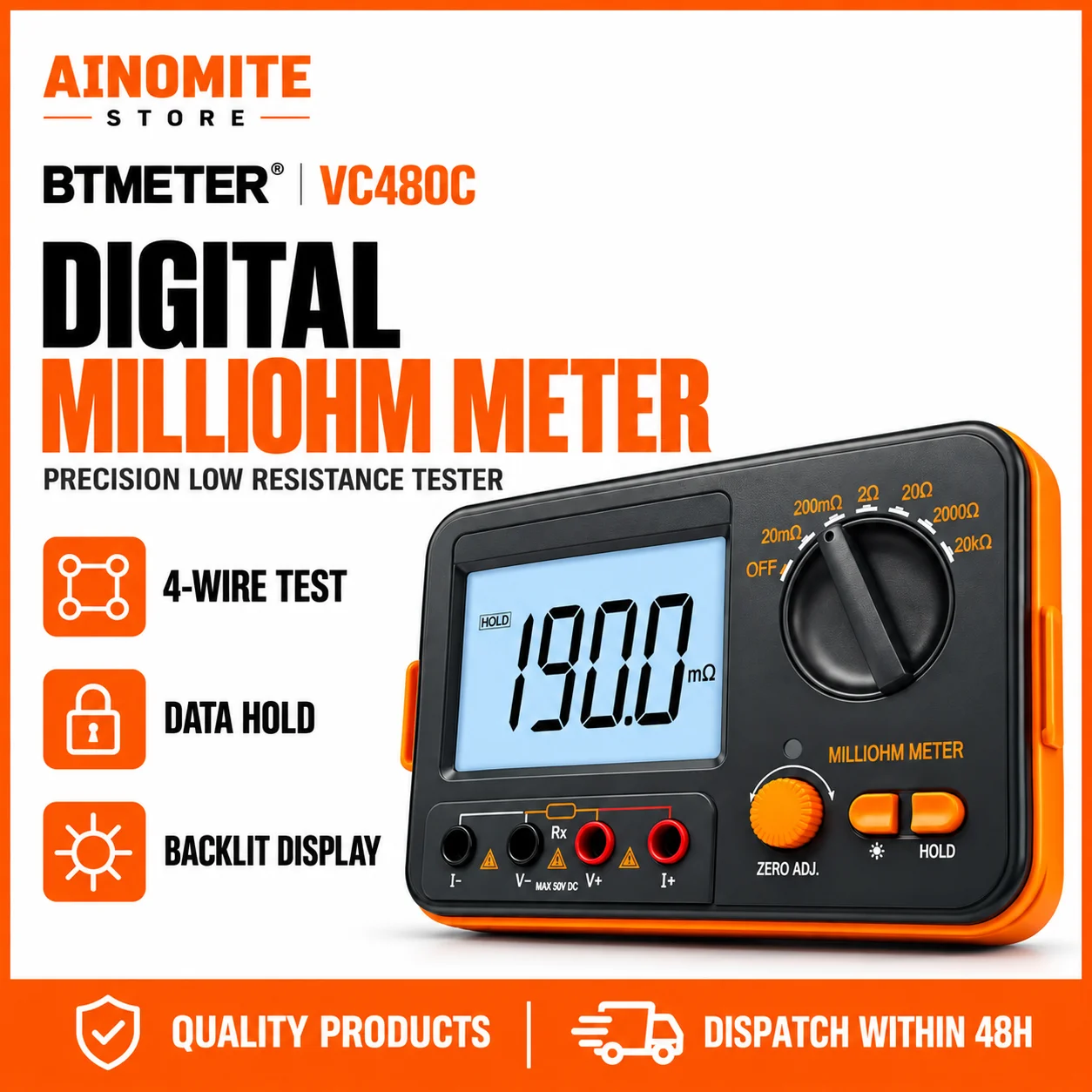 Digital Milliohm Meter 4 Wire Kelvin Clip Tester 0.01mΩ High Precision Resistance Tester Large Backlit LCD Data Hold Manual Zero