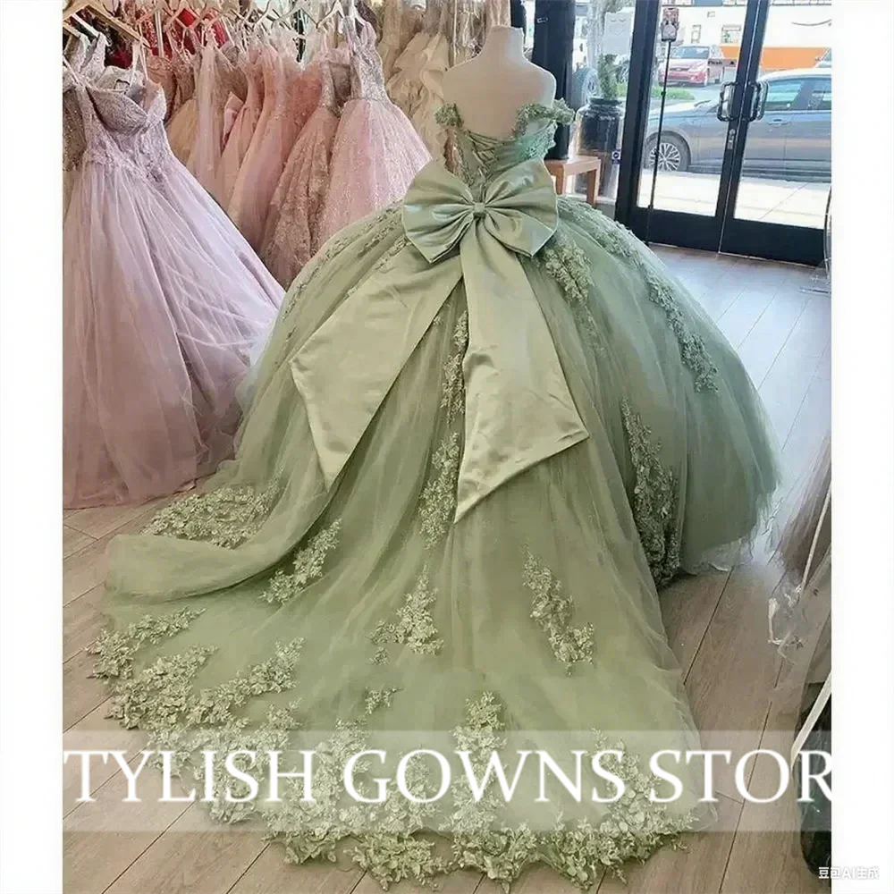 Sage Green Off The Shoulder Quinceanera Dresses customsized Floral Appliques Lace Bow Back Corset For Sweet 15 Girls Party