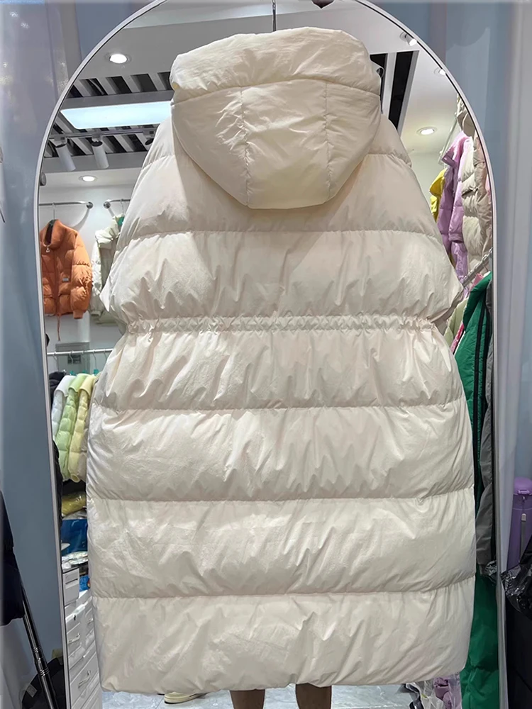 Inverno novo quente casual grosso longo outwear pato branco para baixo casaco 2025 versátil cor sólida com capuz jaqueta para mulher