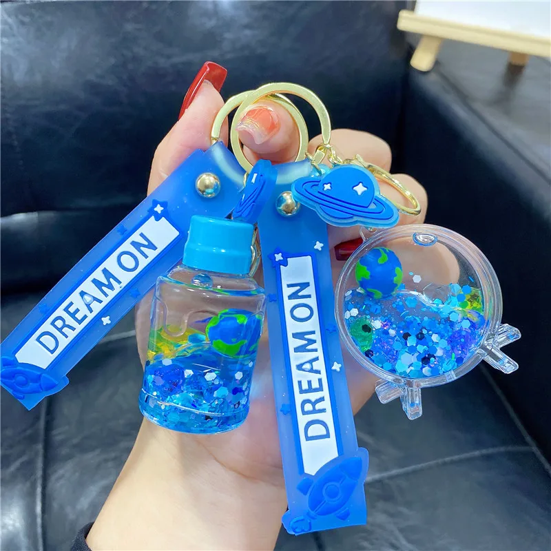 Cute Luminous Blue Earth Ferris Wheel Drift Bottle Keychain Floating Ice Lozenge Sequin Liquid Quicksand Teacup Bear Keyring