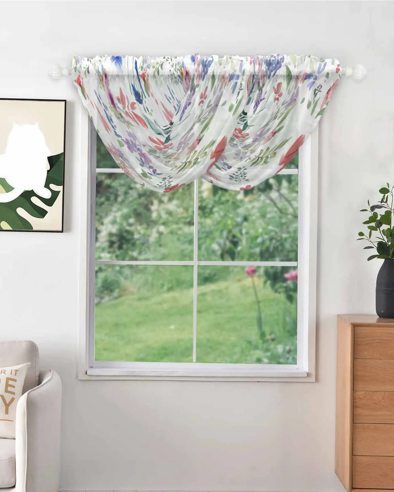 Hand Painted Watercolor Of Plants And Flowers Irregular Design High Quality Voile Window Curtains for Balcony Sheer Drapes