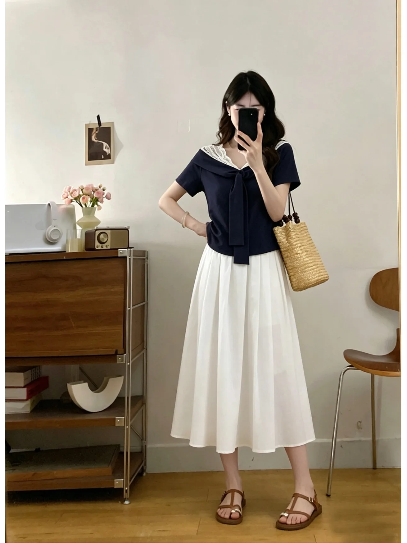 

plus Size Summer Lace Splice Short Sleeve High Waist A-Line Skirt Set Fashionable Korean Style Commute Regular Fit Two-Piece Set