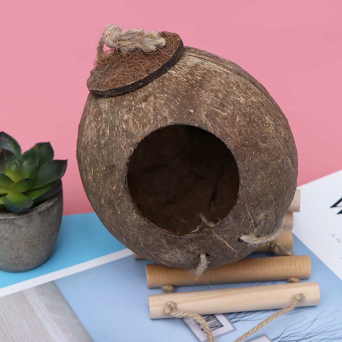 

Coconut Shell Nest Parrot Climbing Toy Bird Supplies Ladder Bamboo Birdhouse Exploring