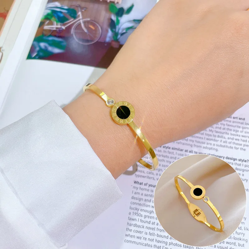 Fashion Stainless Steel Roman Numerals Bangles For Women Simple Geometry Gold Color Metal Bracelets Trendy Wedding Jewelry