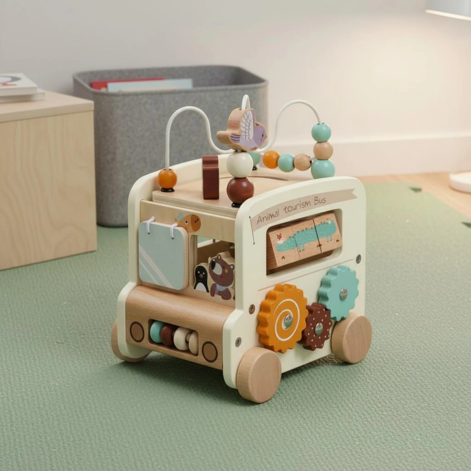 educational-bus-toy-fine-movement-skills-busy-board-pusher-wooden-bus-toy-interactive-educational-push-pusher-multi-sensory