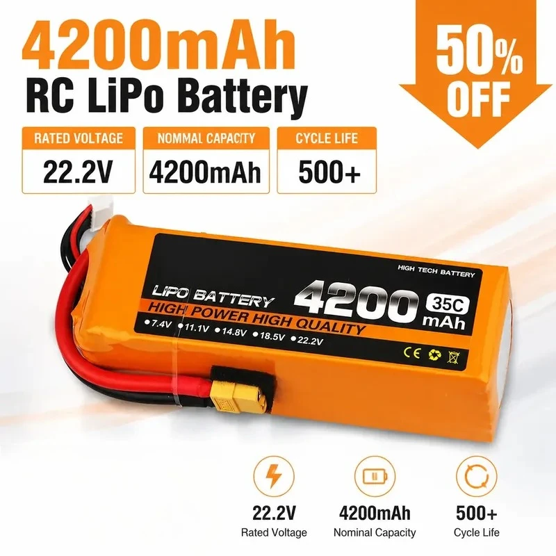 For Model Aircraft 4200mAh 2S 3S 6S Lithium Polymer Battery 35C High Discharge Rate for RC Drone Car and Remote Control Toy