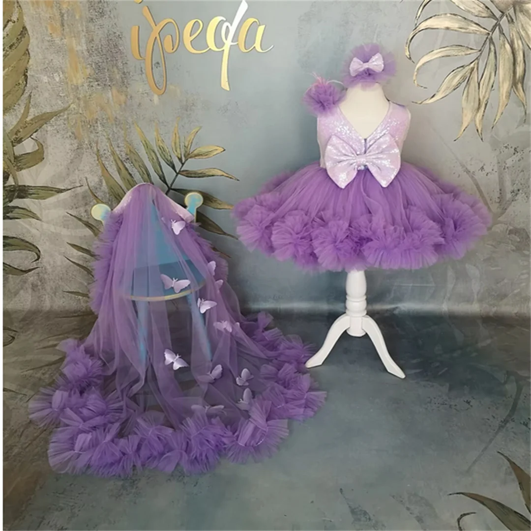 Vestidos morados de flores para niña, vestido de fiesta de cumpleaños de tul con mariposa y lazo de lentejuelas, primera comunión para bebé y niño