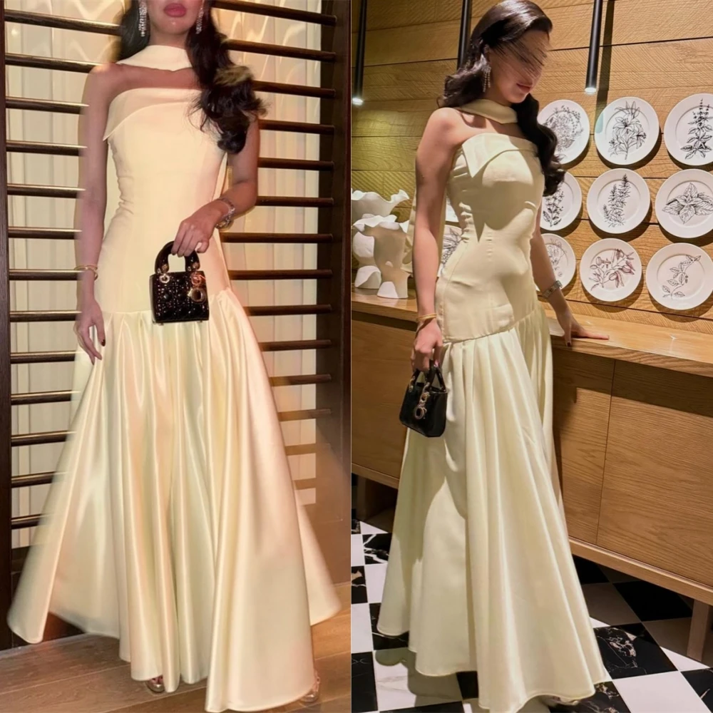 

Customized Temperament Satin Strapless Evening Dress Simple Sleeveless Prom Dresses Luxury A-Line Special Occasion Gowns