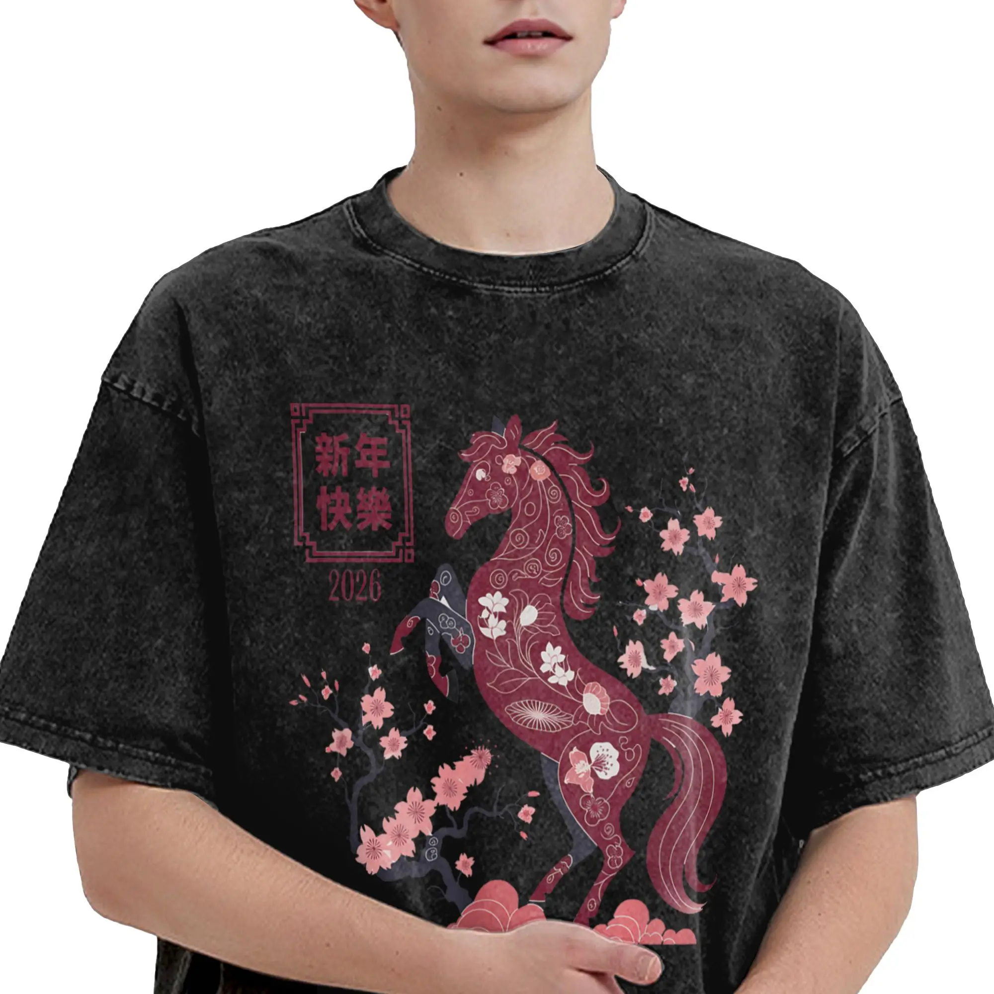 

Chin-ese New Year 2026 Year of The Horse Lunar T-Shirt Men Vintage Cotton Tees Crew Neck Short Sleeve T Shirt Summer Clothes