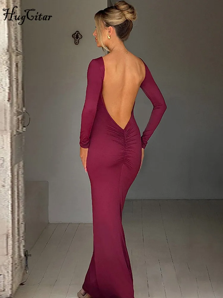 Hugcitar Lente Elegante Lange Mouw Backless Solid Cuched Sexy Bodycon Maxi Prom Jurk Vrouwen Outfit Avondfeest Festival Y2K