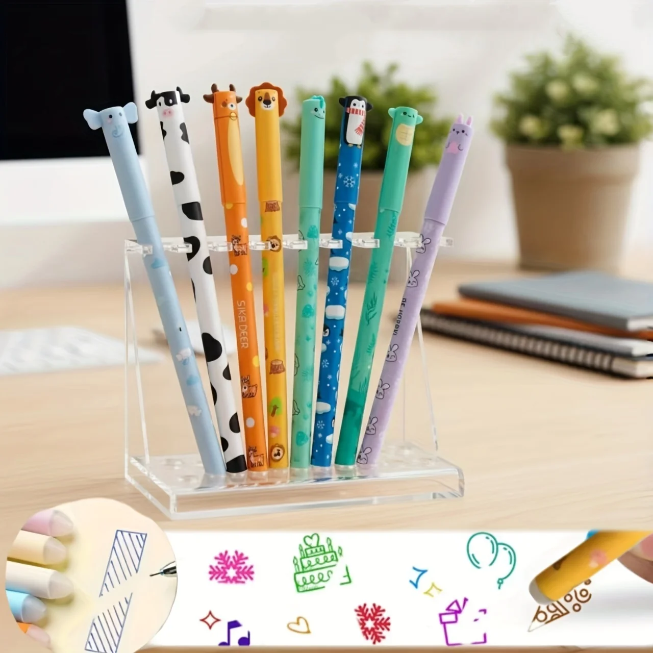 Paquete de 4/8 bolígrafos de Gel borrables de dibujos animados de estilo aleatorio, herramientas de escritura divertidas, papelería divertida, bolígrafos de punta fina, bolígrafos borrables de Gel de escritura suave, tinta colorida, León, elefante, ciervo, vaca, dinosaurio