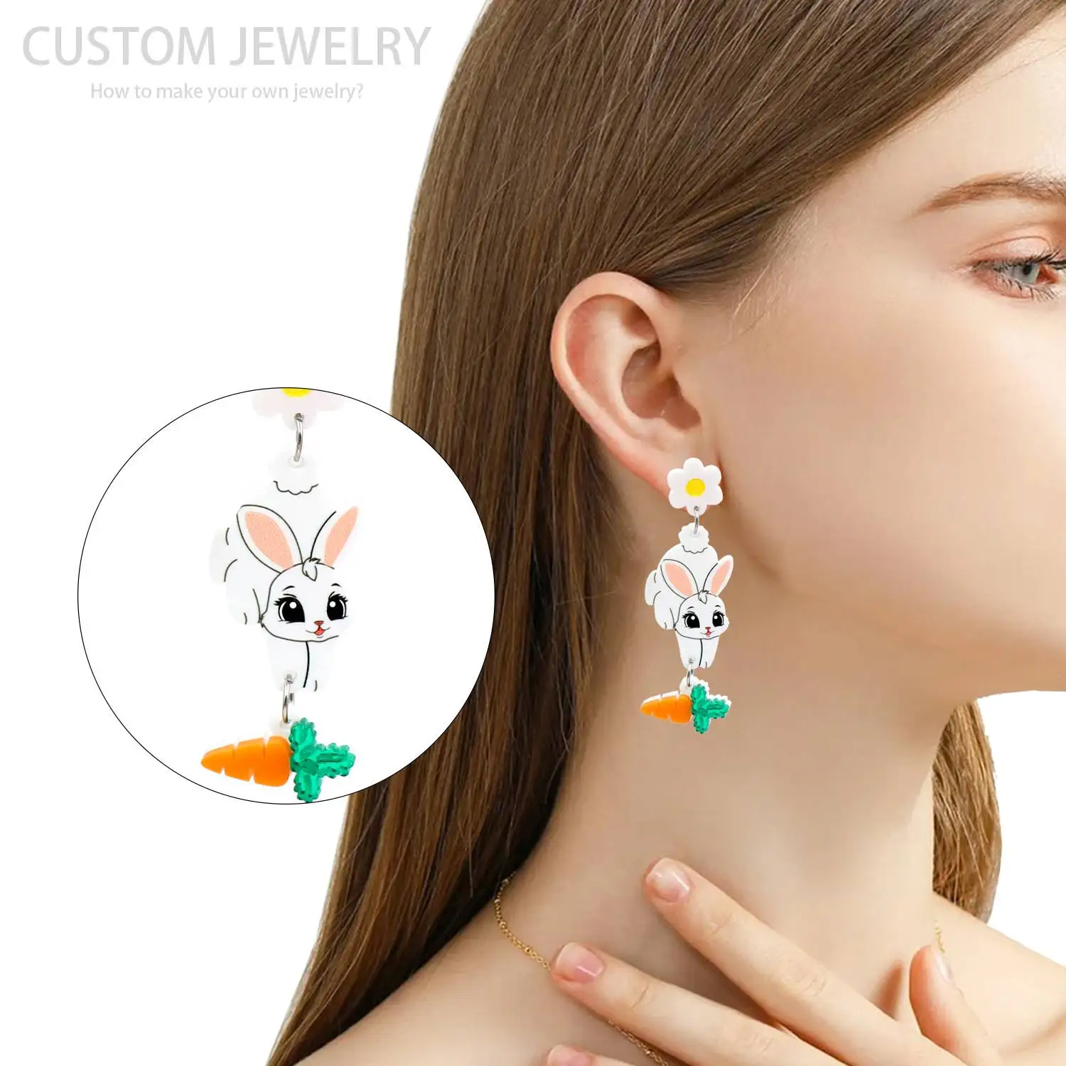 New Bunny Carrot Easter Earrings 316 Stainless Steel UV Printed Fashion Jewelry Glitter Pink Acrylic Laser Cut