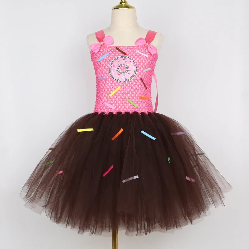 EE01 Costume da ciambella per bambina Vestito a tema caramelle per regali per feste di compleanno per bambini Vestito da tutu per biscotti con ciambella al cioccolato dolce GirlIo0!