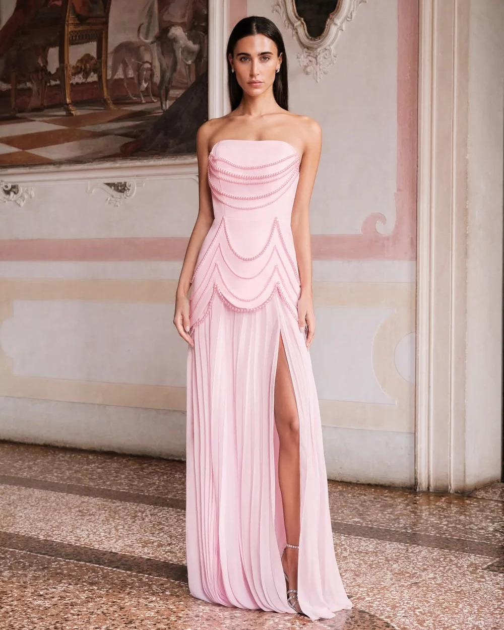 Customized Formal Women Chiffon Beading Ruched A-Line Evening Dresses Modern Style Strapless SleevelessFloor Lenght Prom Dresses