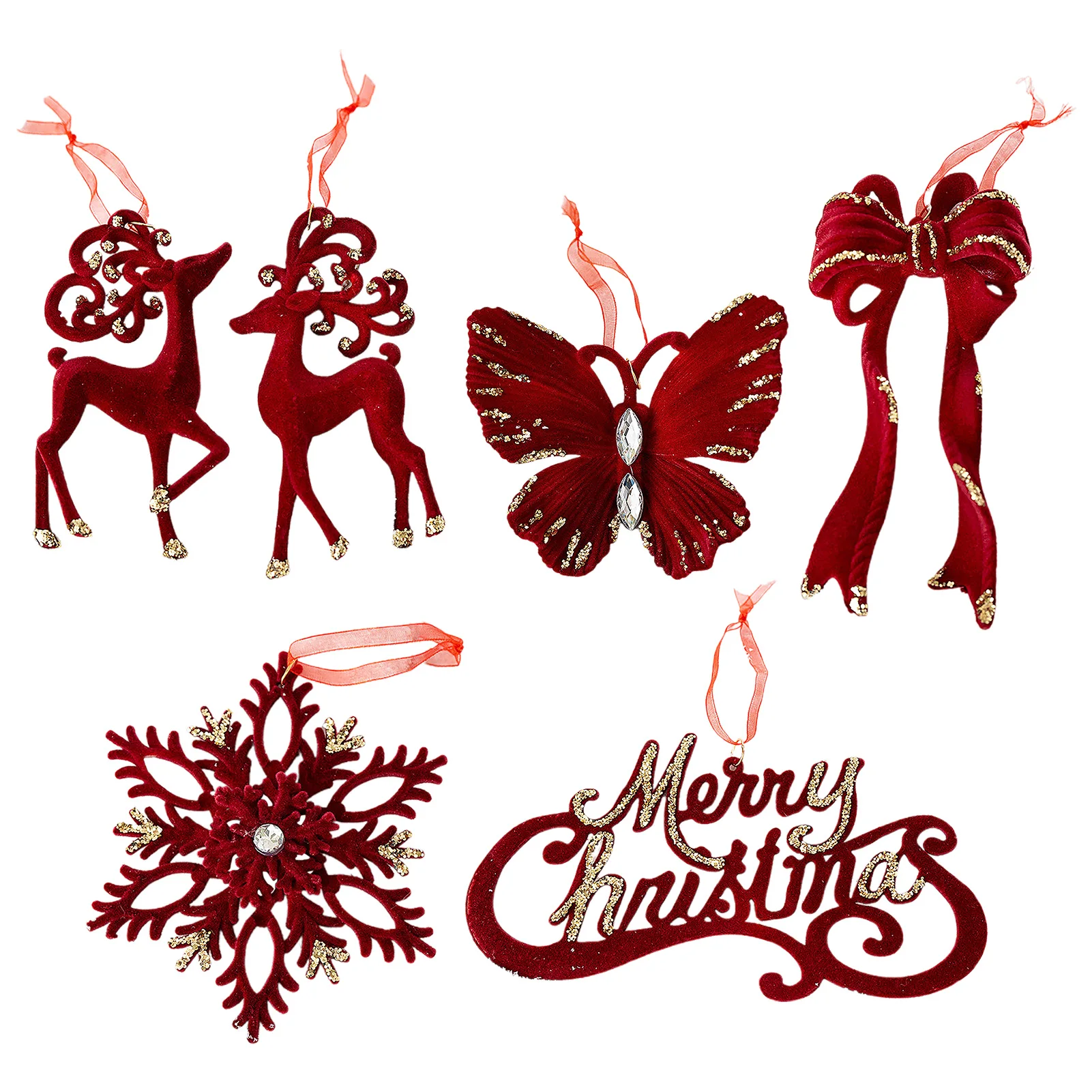 

2025 Christmas Ornament Hanging Decor 6Pcs Flocking Reindeer Butterfly Bowknot Snowflake Christmas Pendant for Christmas Tree
