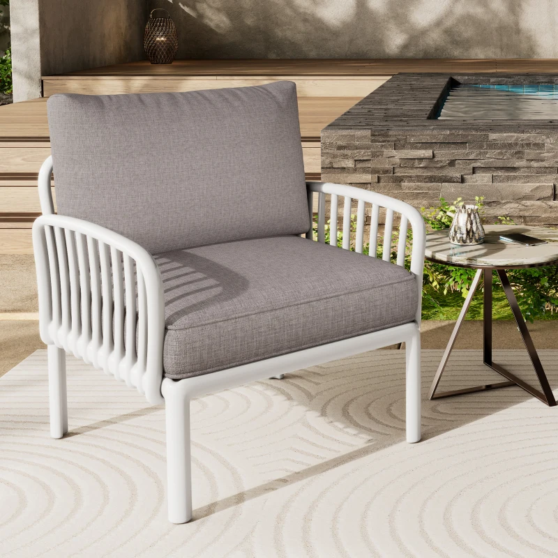 

Outdoor Patio Club Chair, Modern Patio Furniture, Waterproof Thick Cushion Deep Seating for Porch, Balcony, White & Light Gray