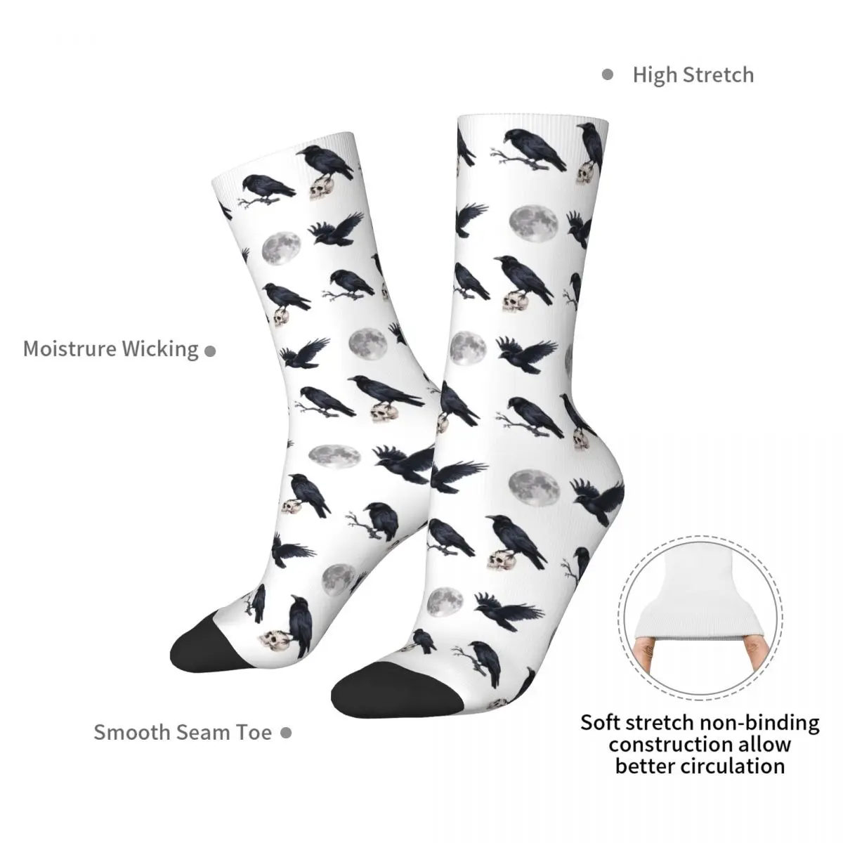 Trendy Black Raven Crow ,skull And Moon Pack Socks Harajuku Stockings All Season Long Socks Accessories for Unisex Gifts