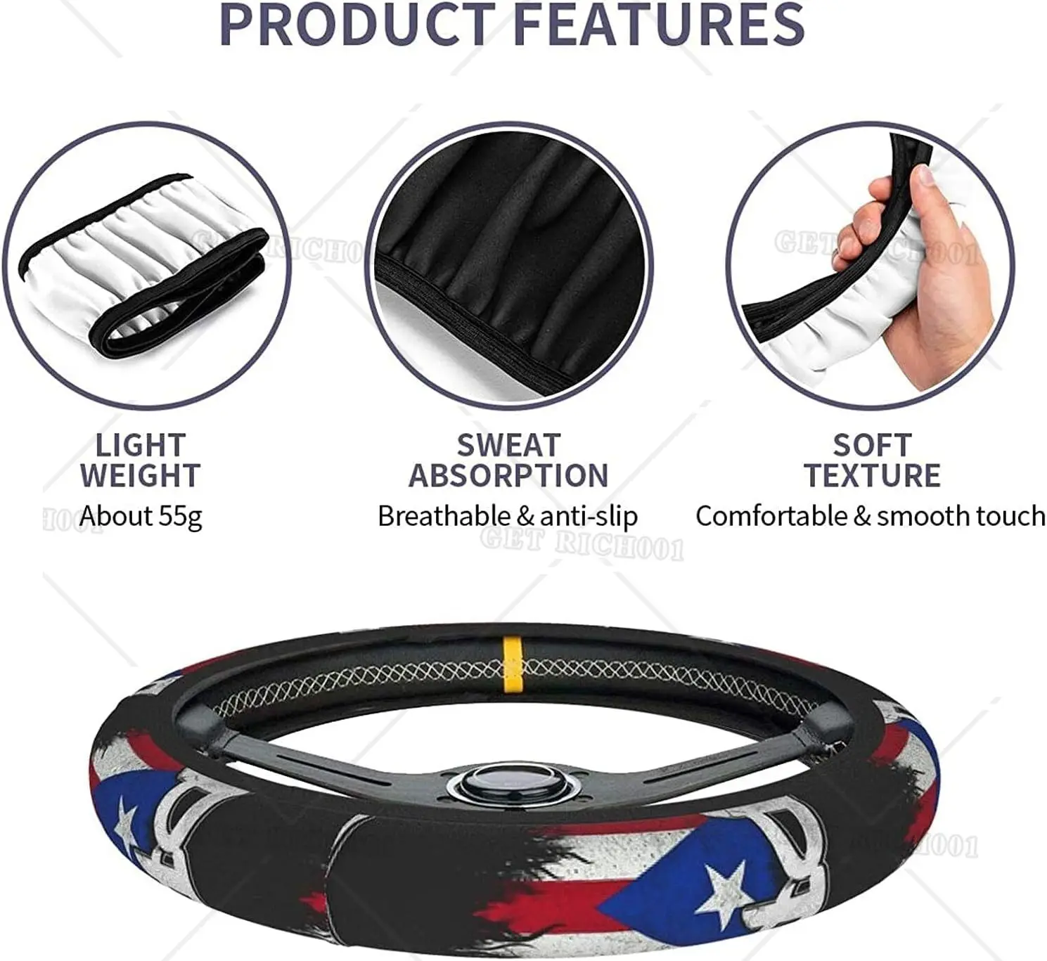 Puerto Rico Flag Steering Wheel Cover Car Accessories Steering Wheel Cover Protector Anti-Slip Durable Universal Wheel Cover