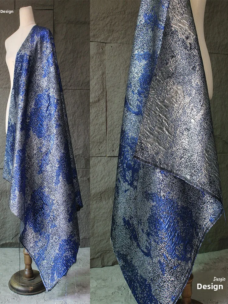 

Ретро-ткань премиум-класса с сине-серебристой текстурой и вышивкой для дизайнеров одежды Ханьфу, блестящий глянцевый полиэстер
