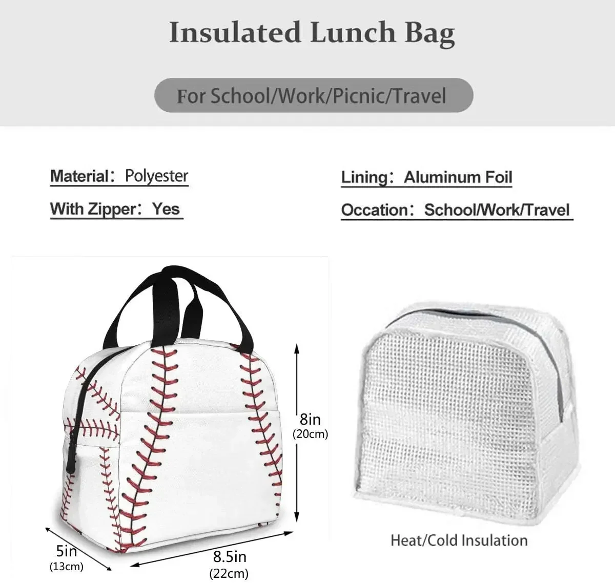 Baseball Lace Sport Insulated Lunch Bag Portable Thermal Cooler Box Reusable Picnic Tote Bento Bag For Men Women Kids Work