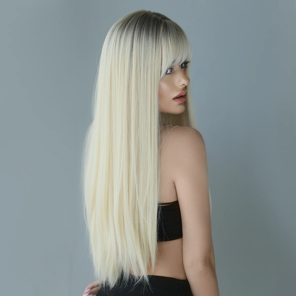 Peruca ondulada reta longa com franja cabelo loiro natural para cosplay diário festa resistente ao calor perucas sintéticas de fibra para peruca