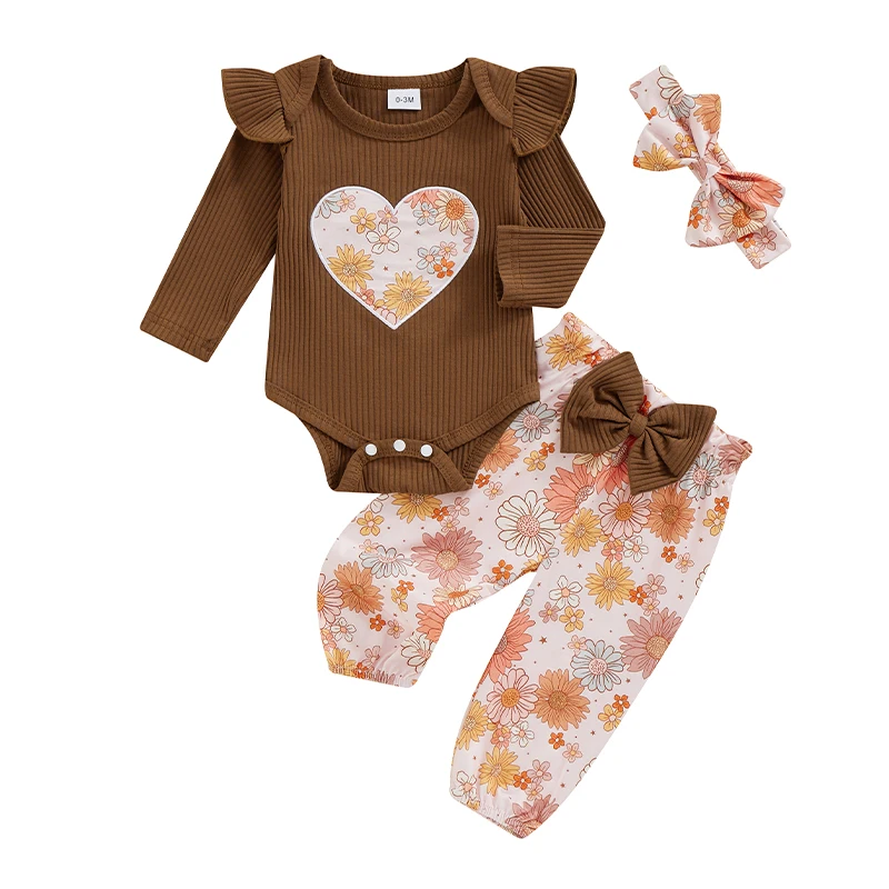 

Baby Girls 3 Piece Outfit Floral Print Long Sleeves Romper and Elastic Pants Headband Set Cute Clothes