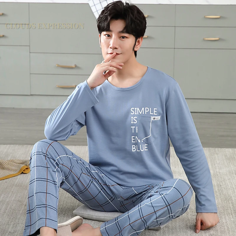 Brand Autumn Men\'s Cotton Pajamas Letter Striped Sleepwear Cartoon Pajama Sets Casual Lounge Suits Pyjamas Plus Size 3XL Pijama