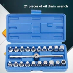 21PCS Oil Drain Pipe Plug Socket Set Oil Pan Screw Sleeve Wrench 3/8-Inch drive Sliding T-bar Removal Kit