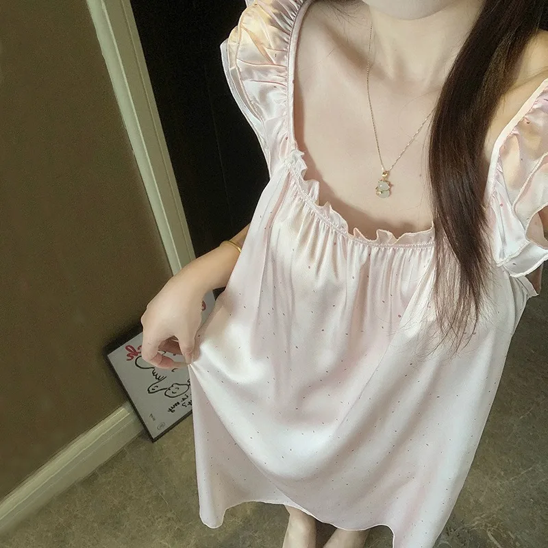 Women Nightdress Lady Sleeveless Shoulder Strap Loose Sweet Sleepwear Spring Autumn Girl Student Plus Size Mid-length Home Dress - view 2