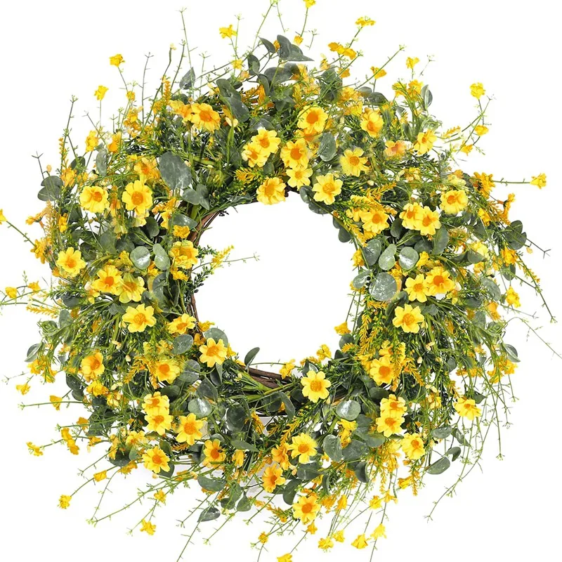 

AT35 Yellow Daisy Wreath Spring Wreath Fake Floral Wreath With Green Eucalyptus Leaves For Front Door Wall Farmhouse Decor