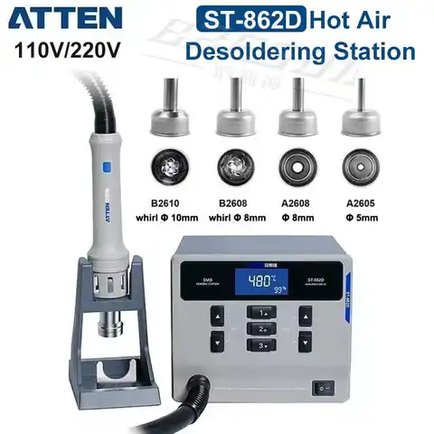 ATTEN ST-862D 핫 에어 건 납땜 스테이션, 무연 110V, 220V, 1000W, BGA 재작업 스테이션, 자동 슬립 납땜 제거 스테이션