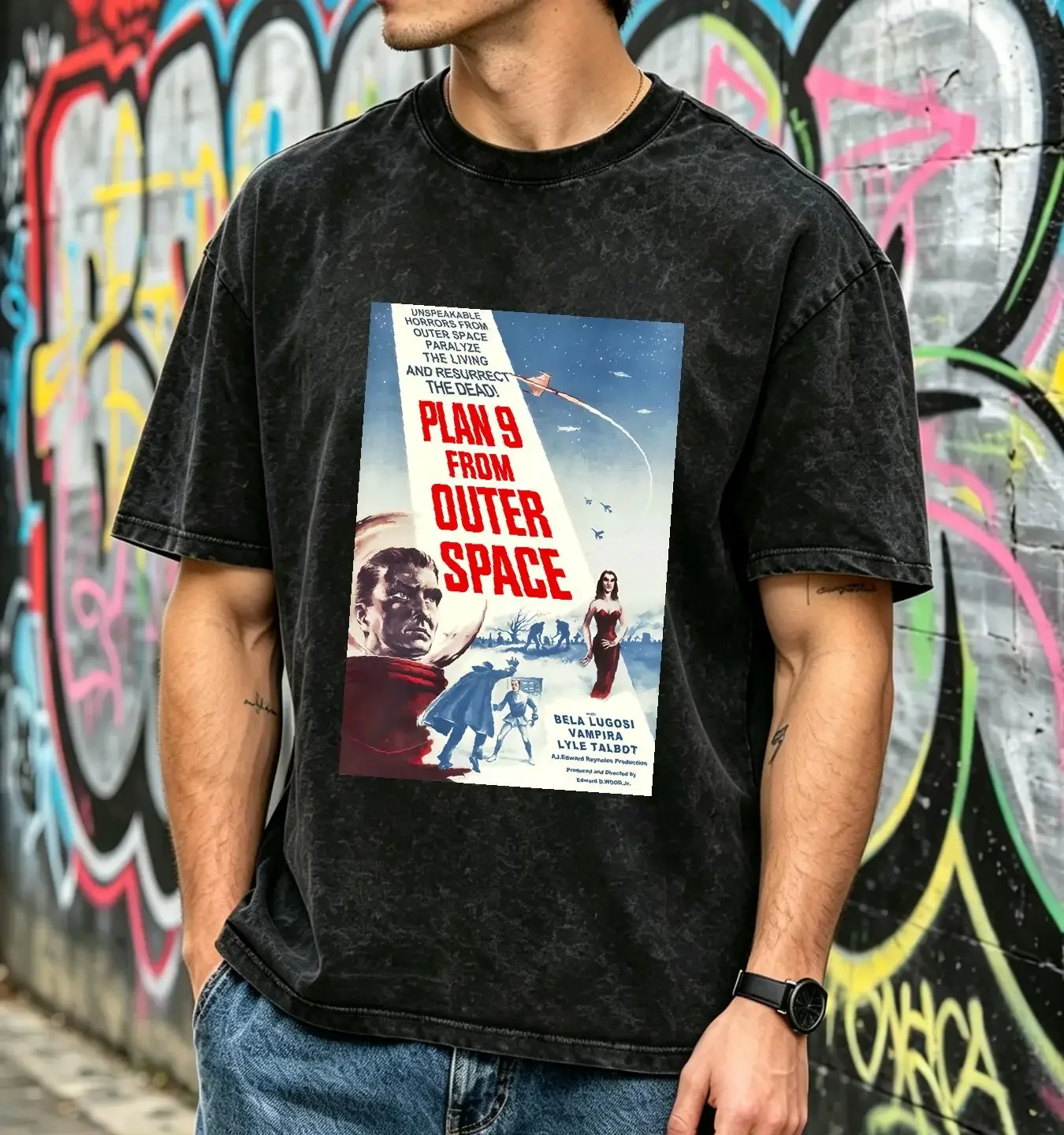washed T Shirt Plan 9 Color from Outer Space Ed Wood Campy Horror Flying Saucers NF531 long or short sleeves vintage Washed