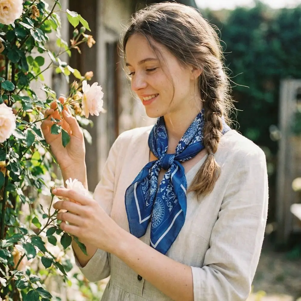 

Простой маленький квадратный платок с цветочным принтом из хлопка и льна, сине-белый, корейский шелковый шарф с цветочным узором для улицы