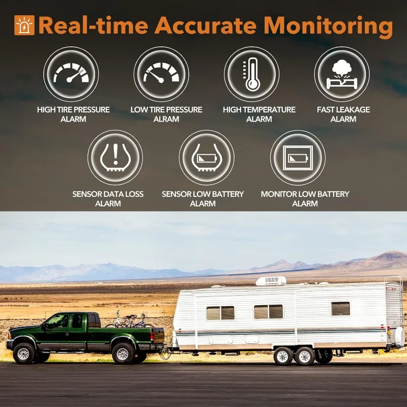 RV Tire Pressure Monitoring System, RV TPMS, 8 Sensors, 7 Alarm Modes, 14 Days Battery Life, 80ft Sensing Distance