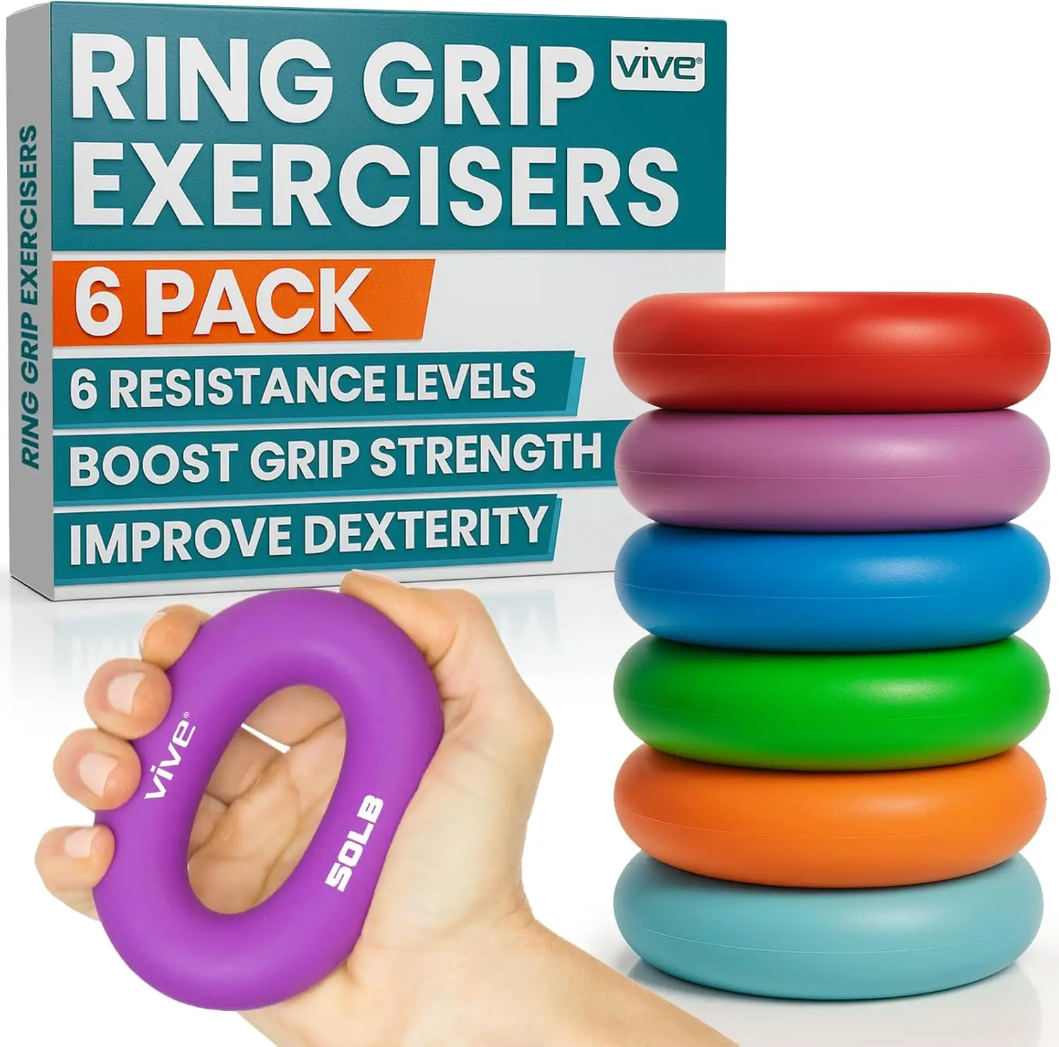 

Hand Strengthener Grip Ring Set - Silicone Squeezer for Forearm & Finger Strength, Physical Therapy, Arthritis - 6 Resistance