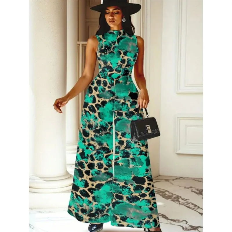 

Elegan Women's Ingenuity Fashion Pattern Print Loose Long Romper Causal Sleeveless Wide Leg Playsuit Women Jumpsuit