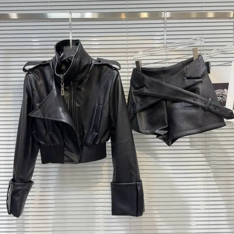 

HUISONG Turtleneck Pu Short Jacket Cross Belt Faux Leather High Waist Cross Shorts Two Piece Set Women Outfit 2025 Autumn Winter