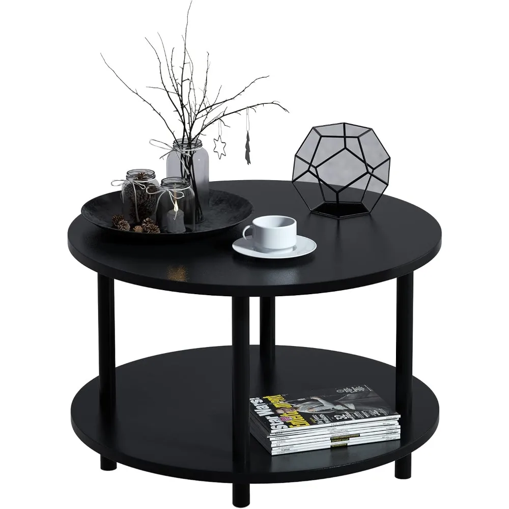 

Small Round Coffee Table with Open Storage for Small Space, 23.5" Black 2-Tier Wooden Center Table for Living Room, Metal Legs,