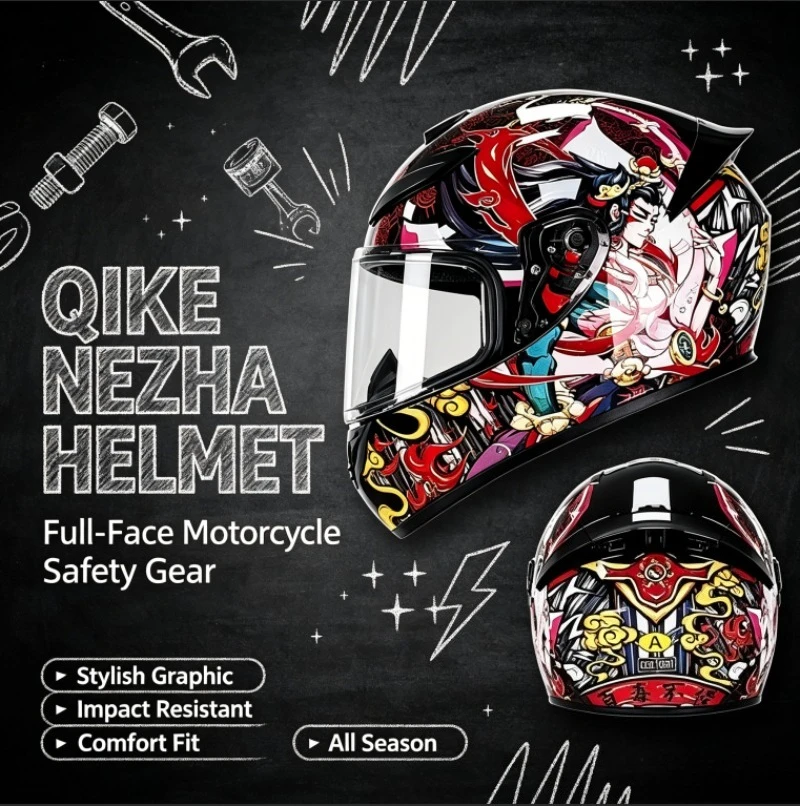 

QIKE Nezha National Trend Full Face Motorcycle Helmet 4 Seasons Universal Unisex Motorbike DOT Certified Stylish Riding Helmet