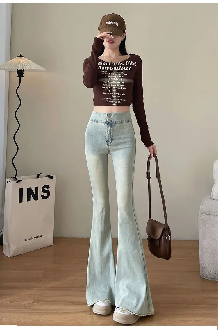 Streetwear Moda Donna Flare Jeans divisi Vita alta Fascia elastica Denim Pantaloni completi estivi Pantaloni dritti casual sottili Wh4