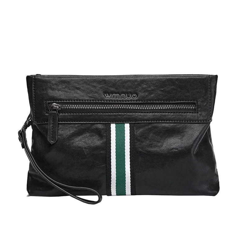 SENOFAN-sacos de embreagem de couro real para homens, bolsa grande macia, carteiras coreanas masculinas, saco com zíper envelope preto, xadrez listrado, preto