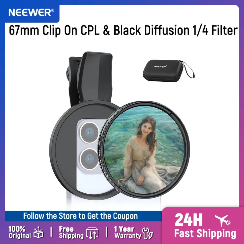

NEEWER 2 in 1 67mm Clip On CPL & Black Diffusion 1/4 Filter Compatible with iPhone 16 15 Pro Max Plus 16e 14 13 Mini 12