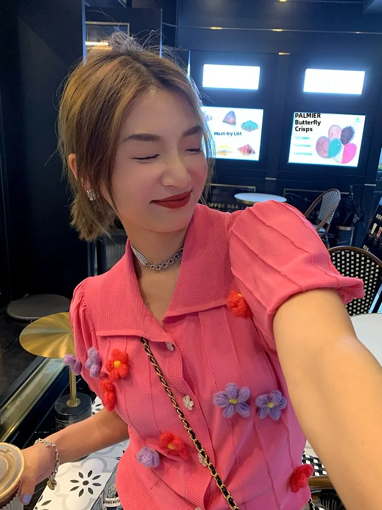 

Design Sensation Women's Knitted Short Sleeve Top Summer 2025 Outerwear Pinkish Red Soft Cotton Bubble Sleeve Neck