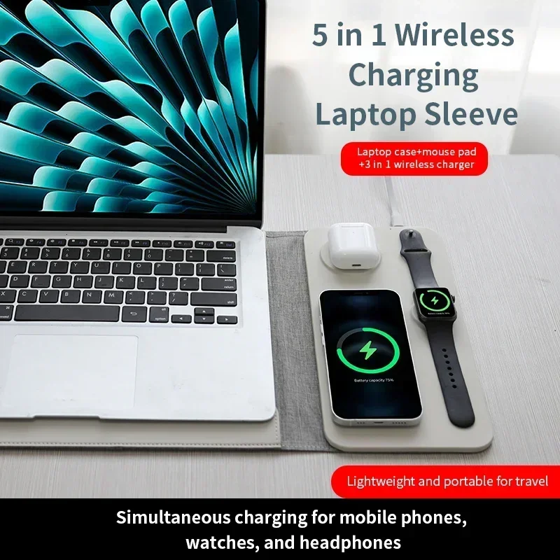 Multi Purpose Wireless Charging Laptop Sleeve for 12 13 14 inch Mac ipad Magnetic  5-in-1 Charger 15W Wireless Fast Charging