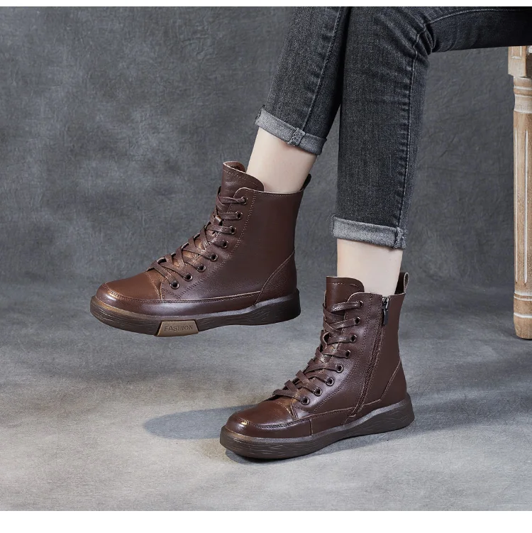 DRKANOL Frauen Echtes Leder Kurze Stiefel Runde Kappe Aus Echtem Leder Handgemachte Retro Street Style Winter Warme Wohnungen Stiefeletten – Detail 11