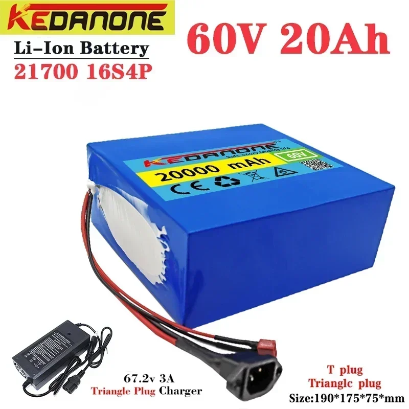 New 60V 20Ah 21700 Lithium Battery Pack 16S4P 1000W-3000W Electric Bike Motorcycle Scooter Battery +67.2V 3A Charger