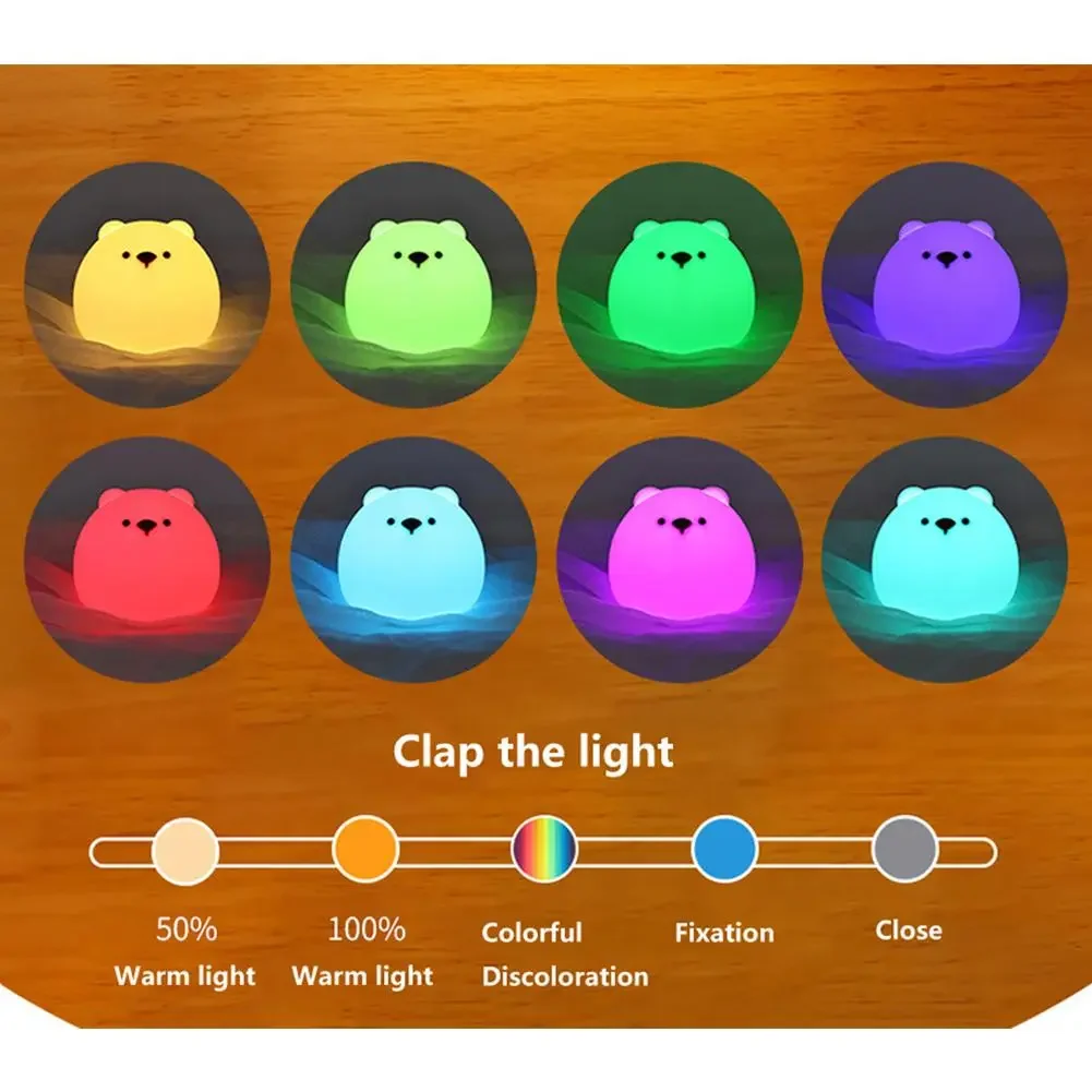 귀여운 곰 야간 조명 부드러운 실리콘 터치 야간 조명, 충전식 다채로운 귀여운 야간 조명, 어린이 침실 장식