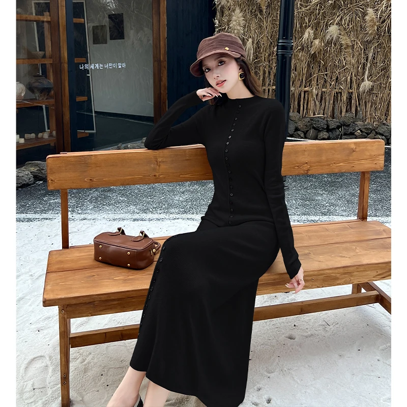 한국 우아한 니트 롱 맥시 드레스 여성 2026 봄 긴 소매 싱글 브레스티드 드레스 슬림 클래식 여성 의류