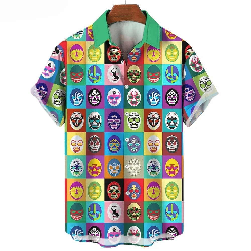 3D Mask Print Men's Shirt Summer Lucha Libre Short Sleeve Shirt Casual Hawaiian Shirt for Men Loose Clothing Mexican Wrestling