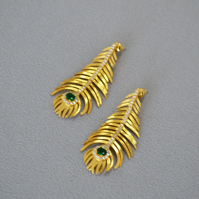 Retro literary exaggerated peacock feather emerald stud earrings FOR Women